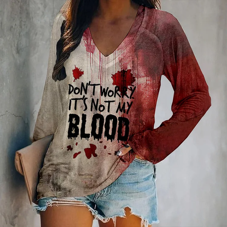 VChics Women's Don'T Worry It's Not My Blood Halloween Print V-Neck T-Shirt