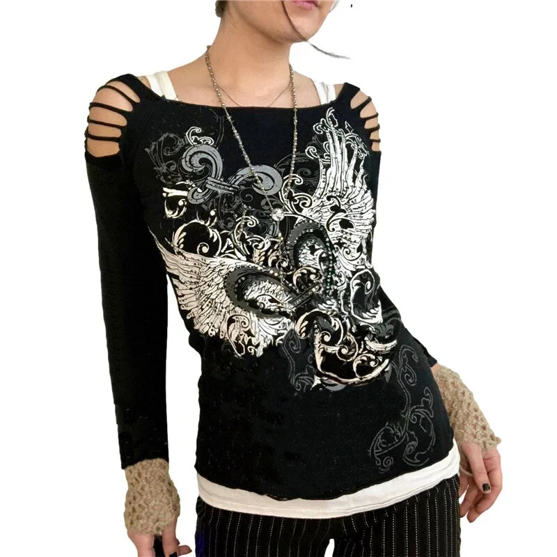 Xingqing Y2K Grunge Tshirts 90s Fairycore Harajuku Gothic Off Shoulder Top Angel Wings Print Tshirts Streetwear Academia Tops