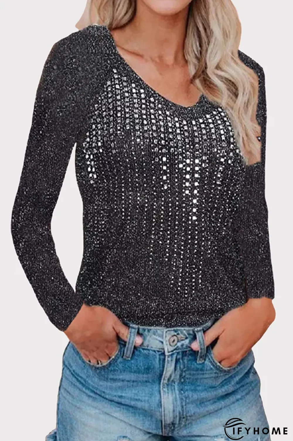 Casual Hot Drilling Split Joint Sequined O Neck Tops | IFYHOME