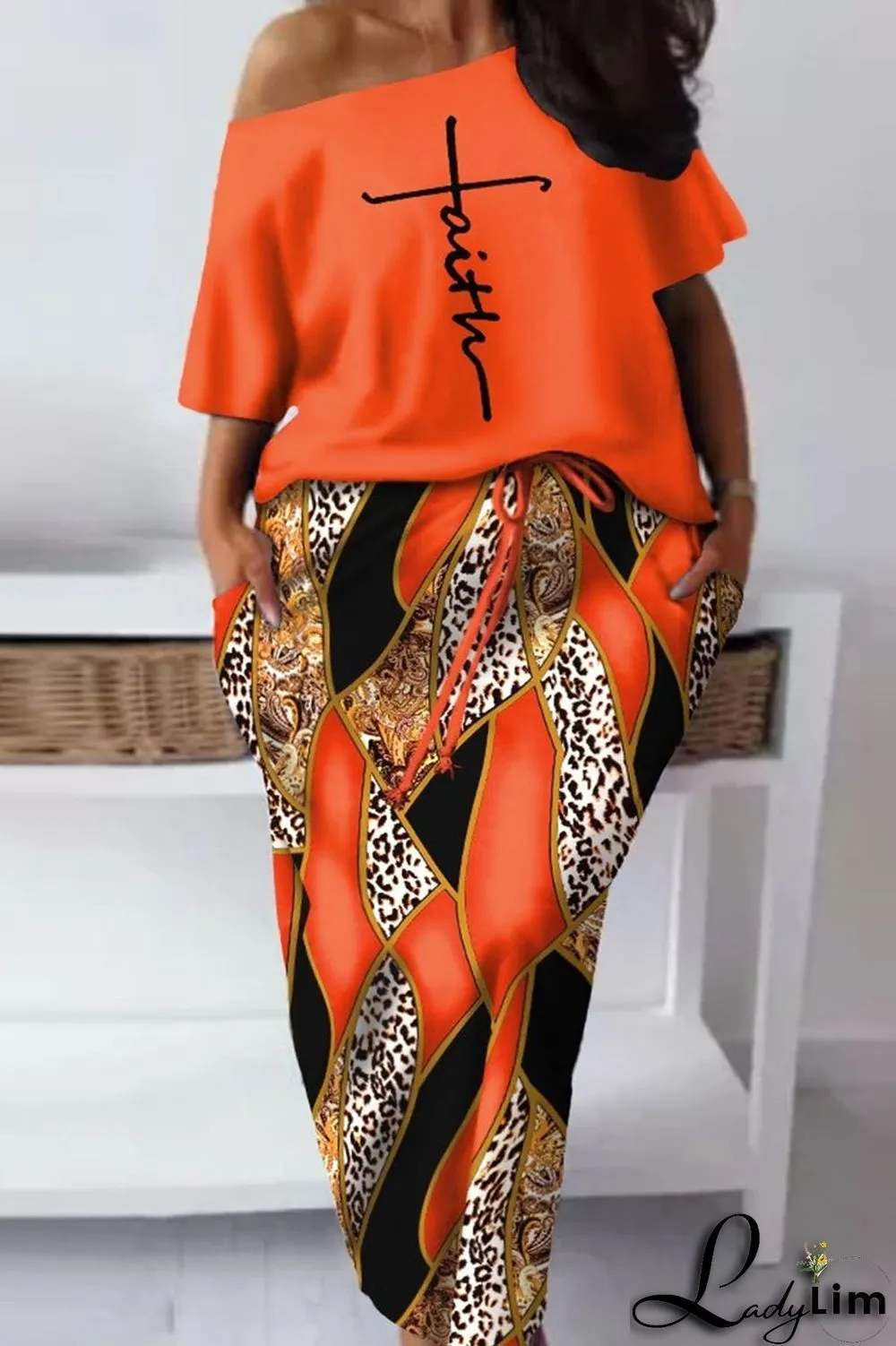 Red Casual Street Print Patchwork Oblique Collar Short Sleeve Two Pieces