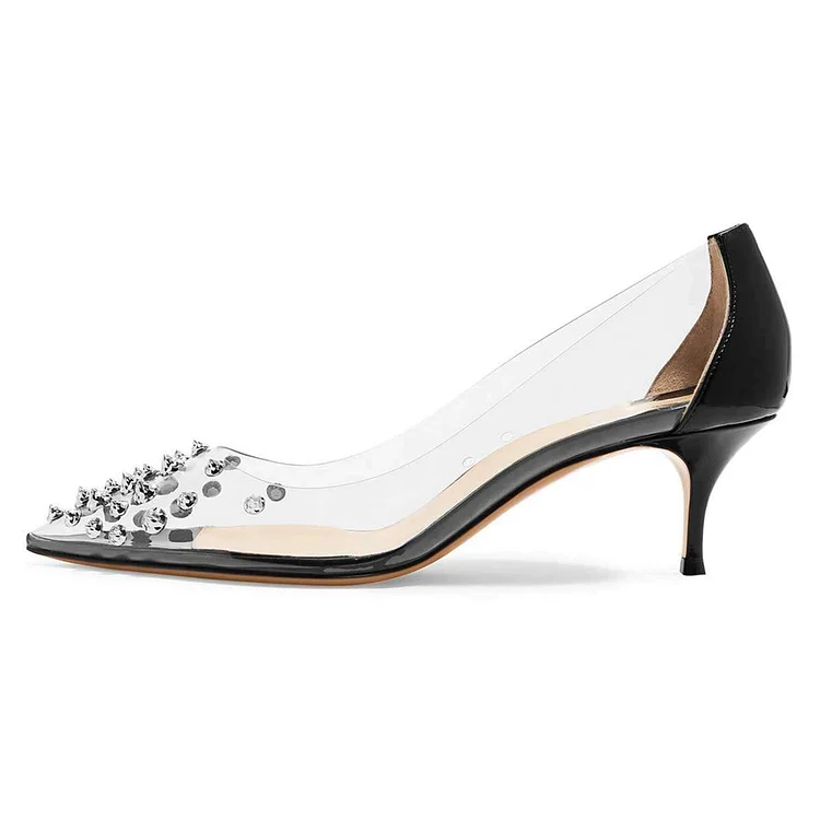 Black Clear Kitten Heel Pumps with Rivets Vdcoo