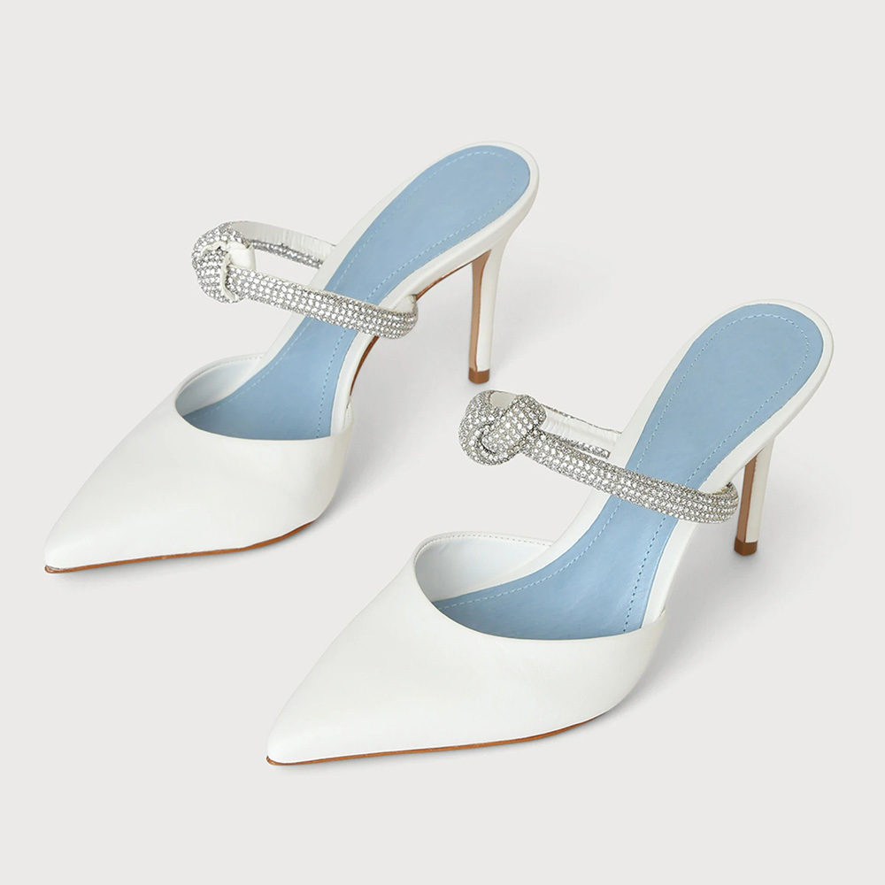 White Pointy Toe Stiletto High Heel Mules with Rhinestone Strap Nicepairs
