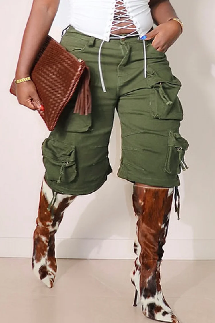 Plus Size Daily Army Green Pocket Casual Cargo Shorts [Pre-Order] 2024 - Xpluswear
