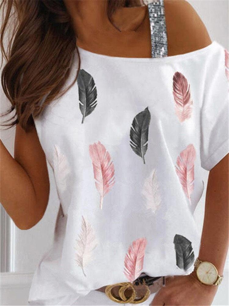 Feather Print Off Shoulder Short Sleeve Casual T-Shirts