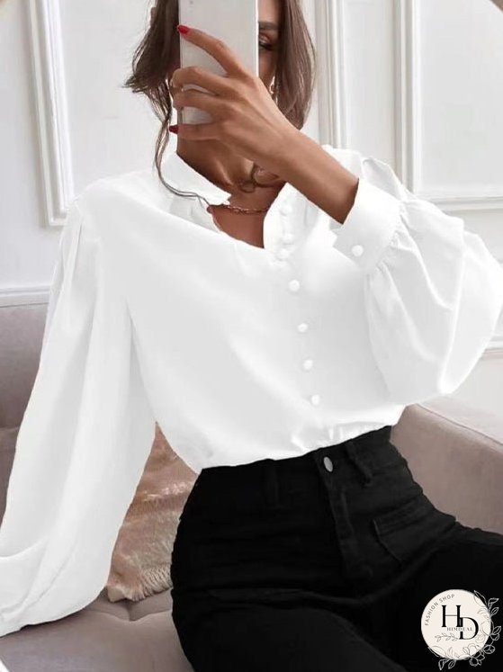 Blouses Solid Lapel Button Long Sleeve Blouse for Women