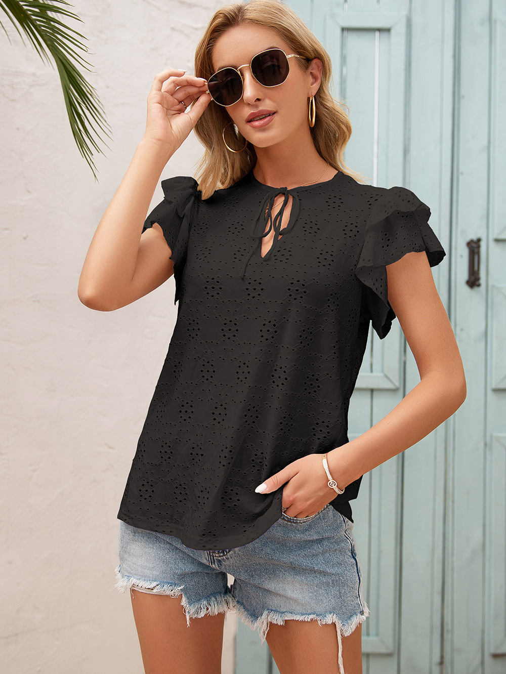 Mature Women's Crocheted Flower Hollow Out Tied Round Neck Ruffle Sleeve T-shirt Top