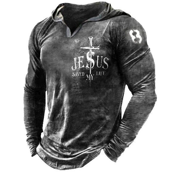 Mens Jesus Cross Casual Retro Long Sleeved hooded T-shirt / [viawink] /