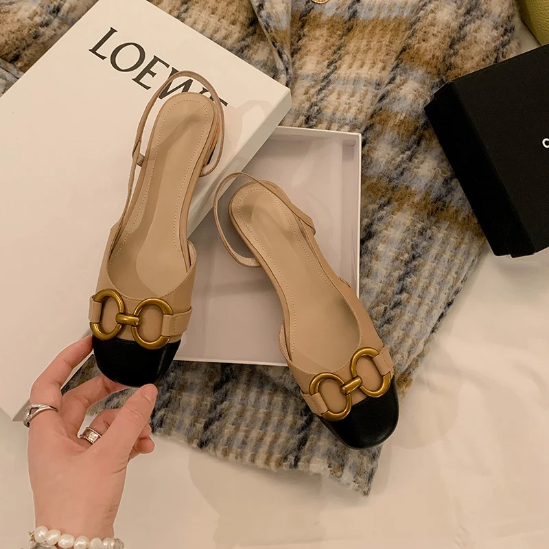 Breakj Breakj Show Temperament! Metal Buckle Small Fragrant Wind Bag Head Sandals Women Flat Bottom French Retro Color After Empty Single Shoe Tide