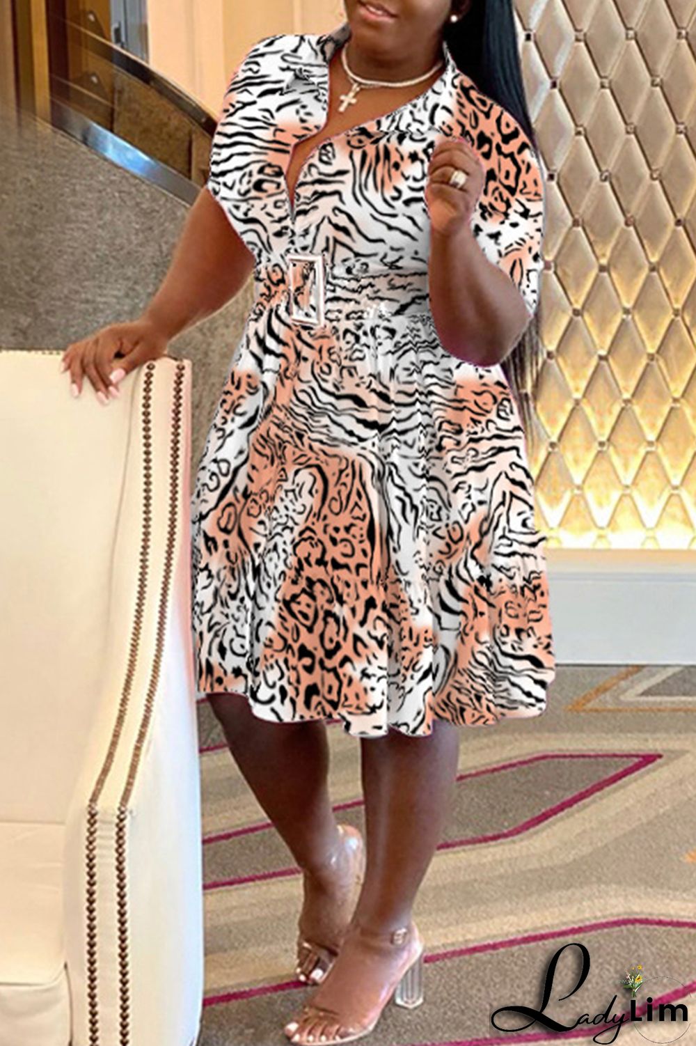 Purple Casual Print Patchwork Fold Turndown Collar A Line Plus Size Dresses