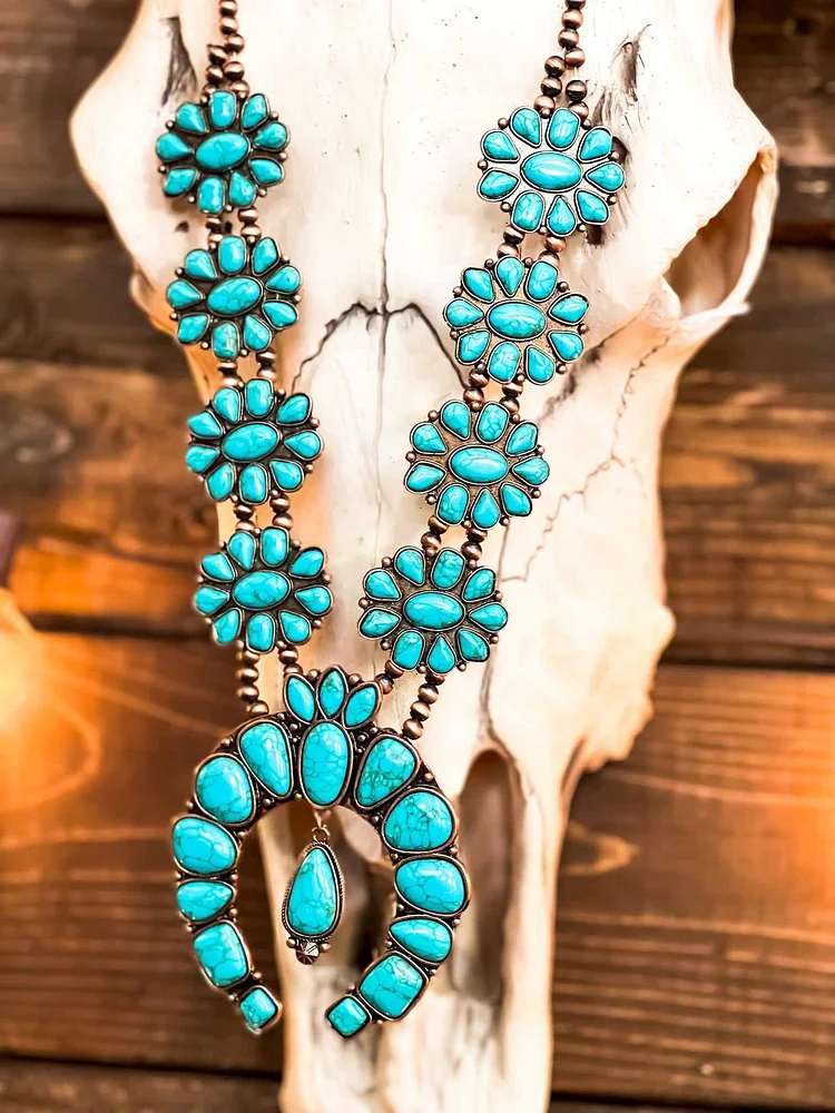 Boho Turquoise Flower Pendant Alloy Necklace-0520