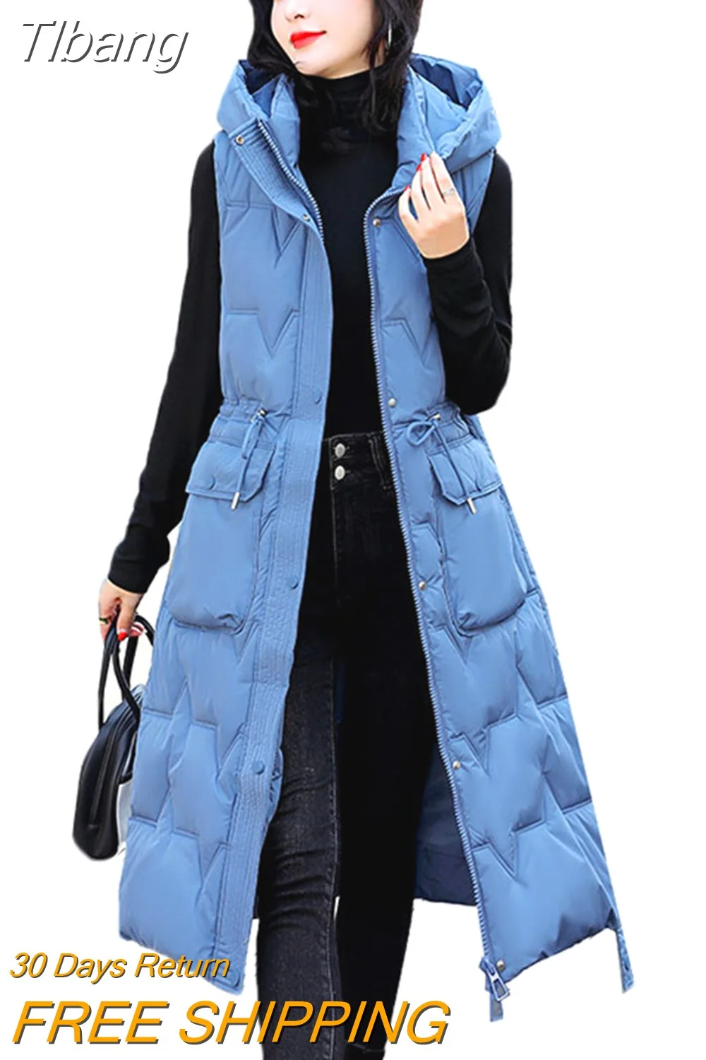 Tlbang Sleeveless Jacket Women Casual Long Down Cotton Vest Autumn Winter Warm Waistcoat Fashion Windproof Hooded Parka Overcoat