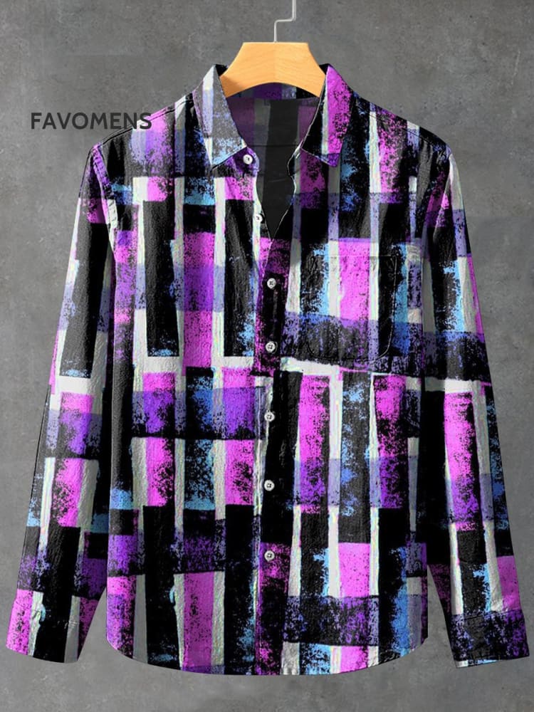 Purple Abstract Gradient Vintage Stripe Print 100% Cotton Long Sleeve Shirt Multicolor / S