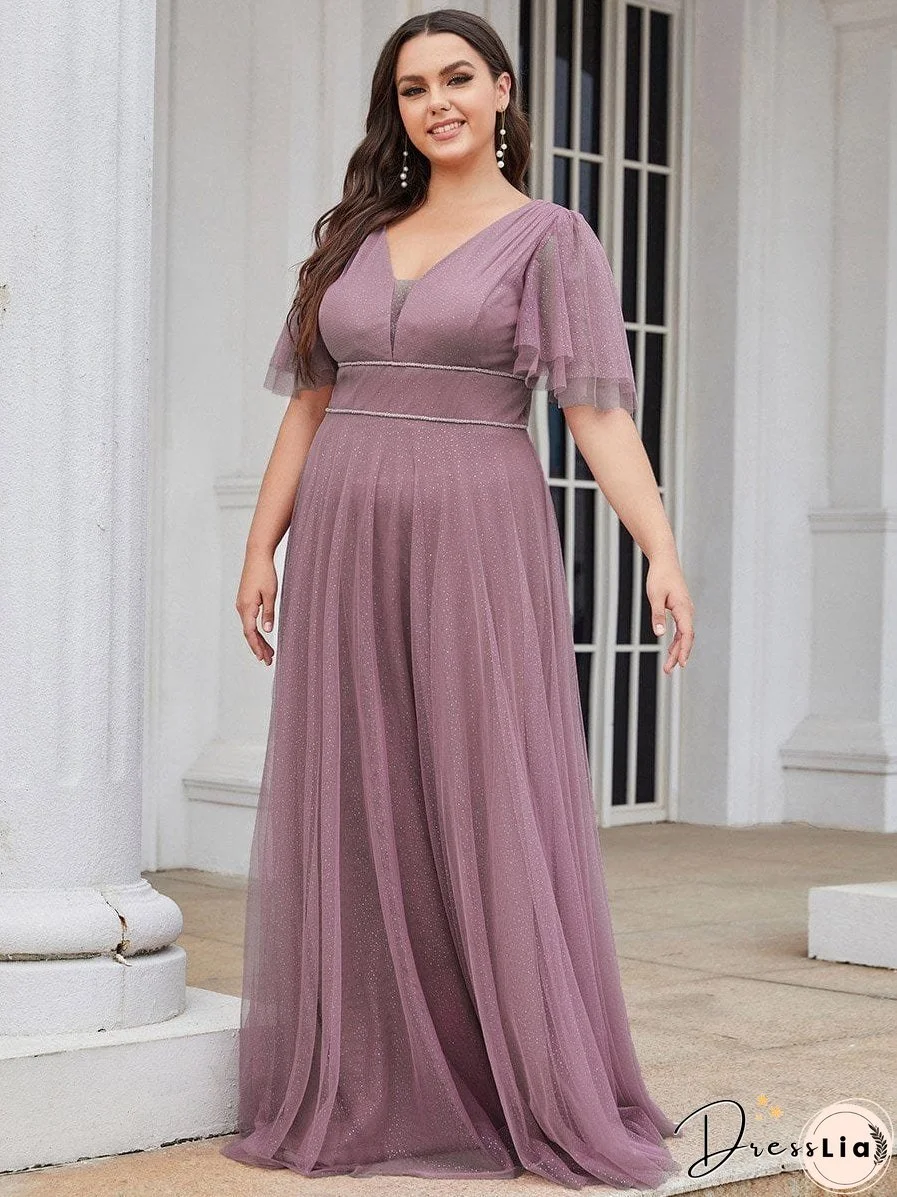 Elegant Golden Stamped Ruffle Sleeve Evening Gown