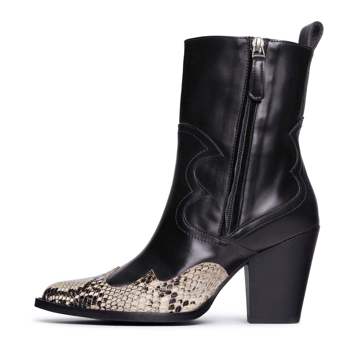 Women's Black Pointed Toe Mid Chunky Heel Vintage Cowgirl Booties Nicepairs