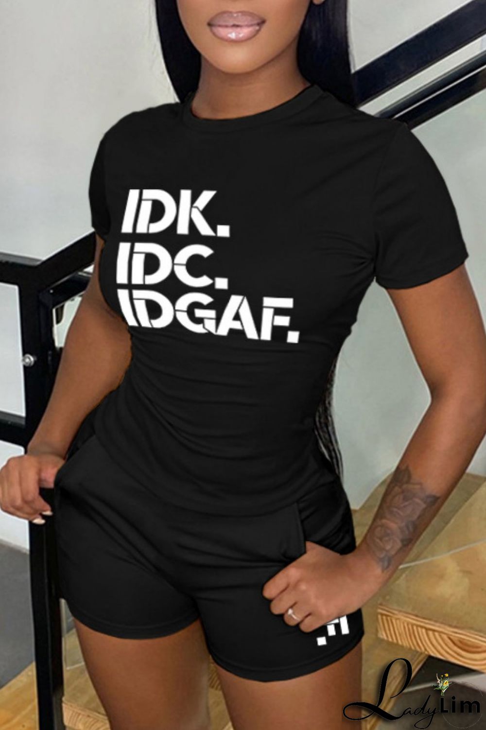 Black Casual Letter Print Basic O Neck Short Sleeve Two Pieces