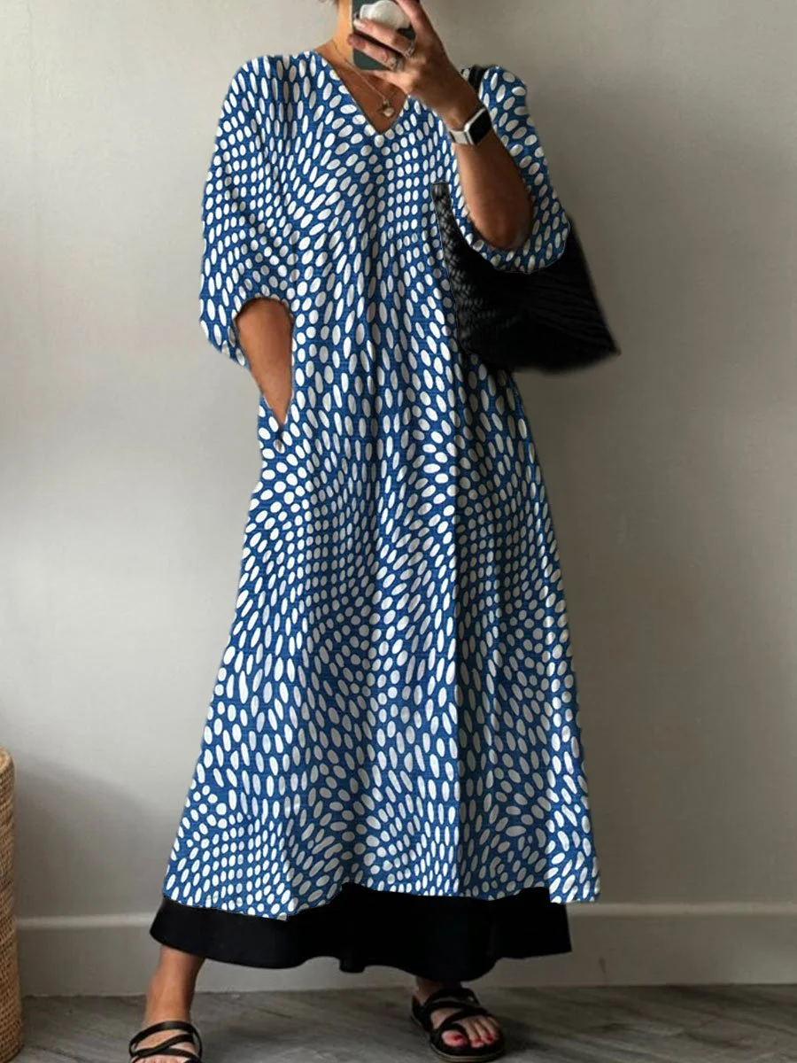 Women's  Retro Polka Dots Print Pocket V-neck Cotton Dress