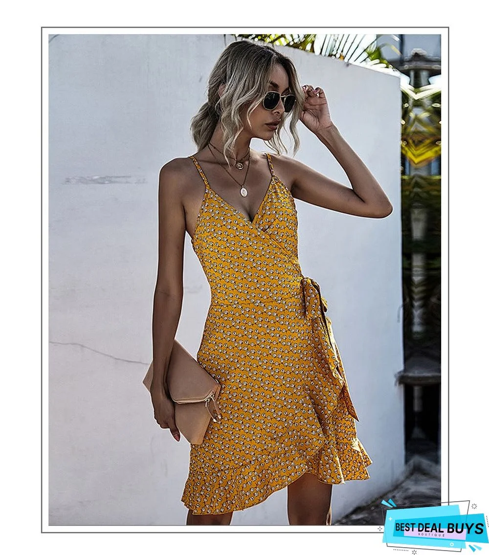 Summer Printing Irregular Ruffled Suspenders Dress Women