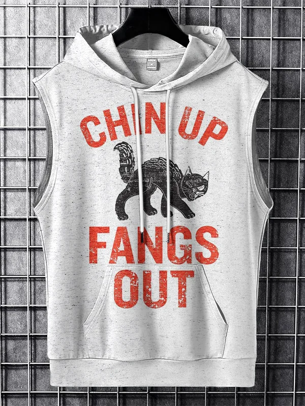 Men's CHIN UP FANGS OUT Cat Print Hooded Tank Top