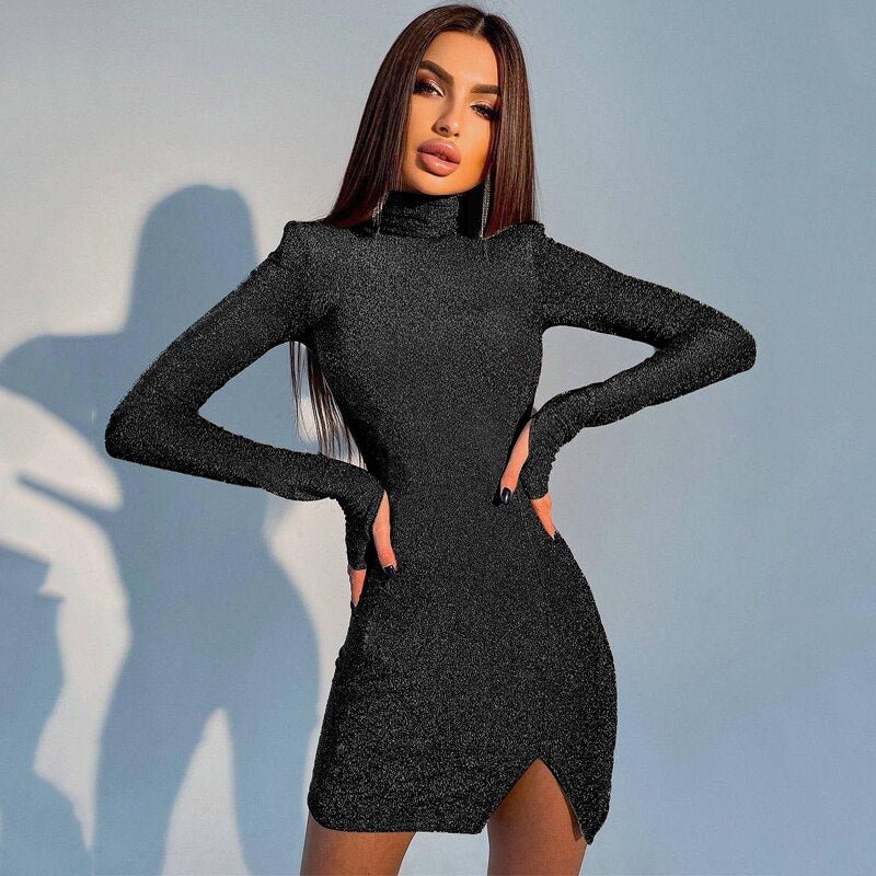 Hugcitar Shine Turtleneck Shoulder Pads Slit  Mini Dress 2021 Fall Women Fashion Sexy Club Outfits Vestidos Kleider Mit Schlitz