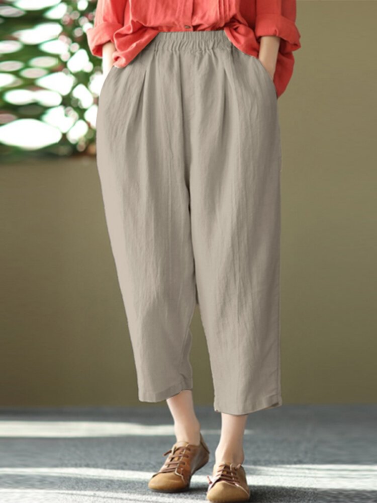 Women Solid Pocket Elastic Waist Casual Harem Pants