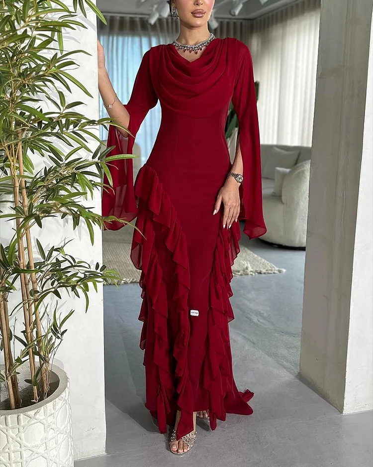 Women's Round Neck Long Sleeve Ruffle Dress