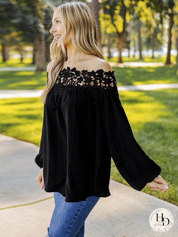 Loose Lace Stitching Chiffon Plus Size Shirt With One-Neck Design For Women