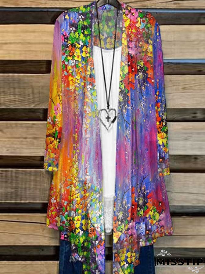 Retro Flower Oil Painting Print Cardigan