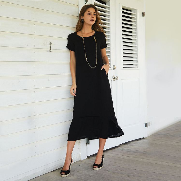 Long Linen Dress With Slits at The Bottom-ChouChouHome