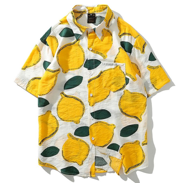 Vintage Lemon Print Pocket Loose T-Shirt - Modakawa modakawa