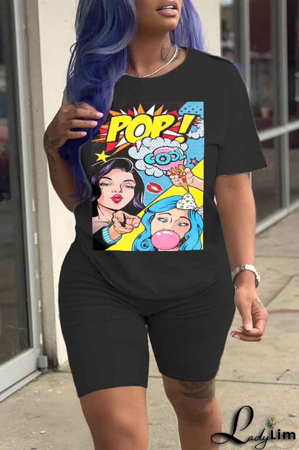 Fluorescent Green Fashion Casual Print Basic O Neck Short Sleeve Two Pieces