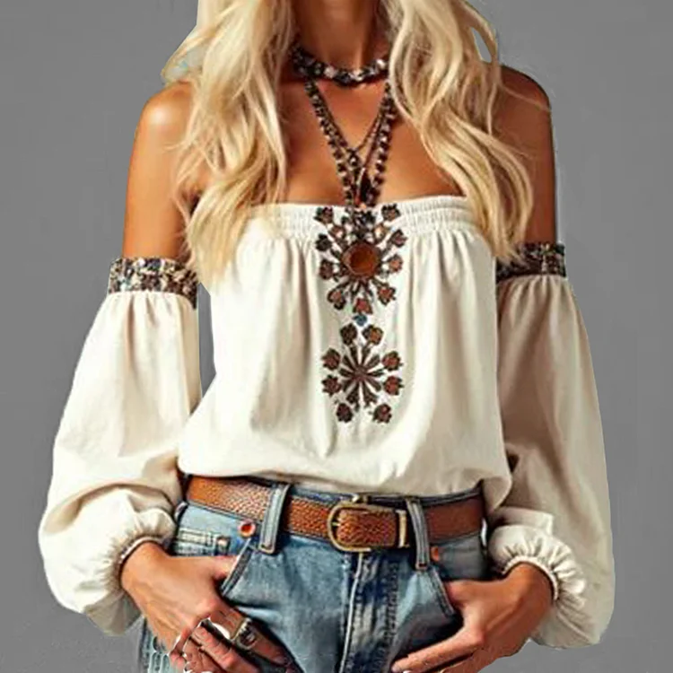 Boho Ethnic Embroidery Pattern Off Shoulder Lantern Sleeve Blouse