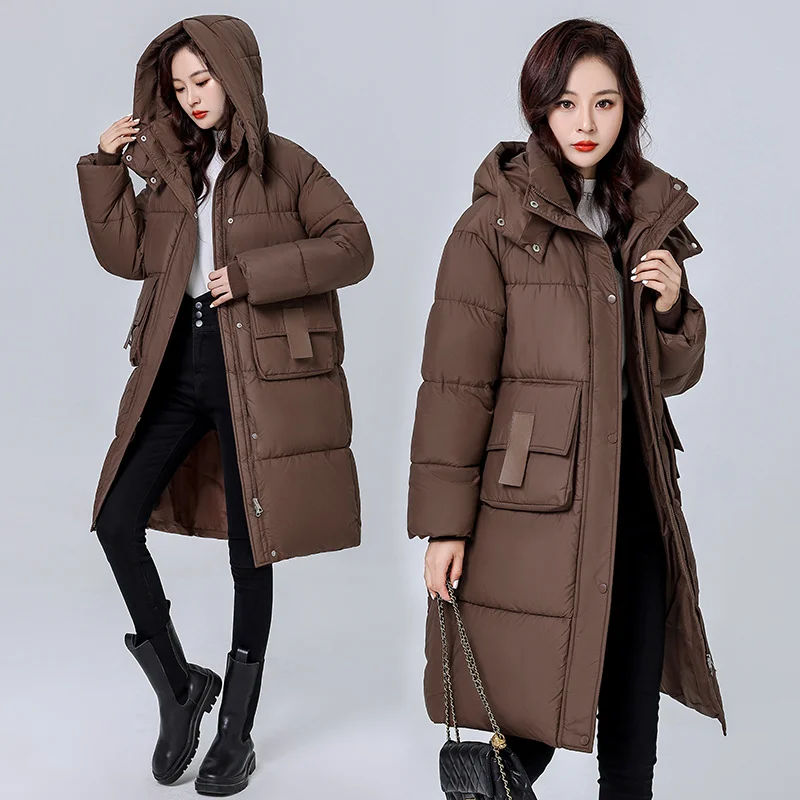 Woherb Long Down Cotton Clothes Female 2024 Winter New Advanced Feeling Style Over The Knee Cotton-Padded Jacket Loose And Thick Hooded Padded Clothes-Outfit Ideas