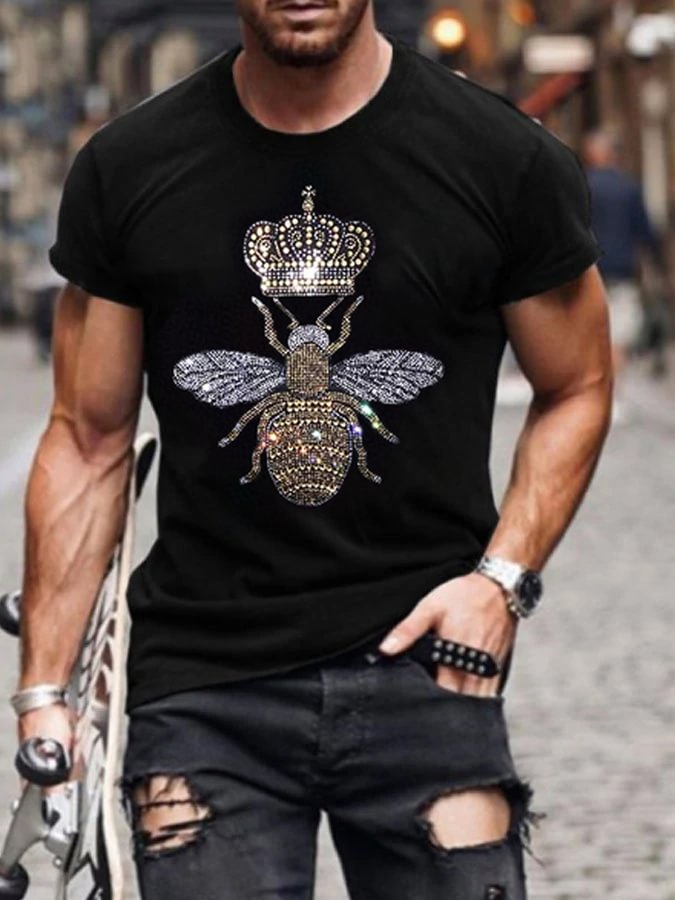 Men's stylish casual black rhinestone T-shirt