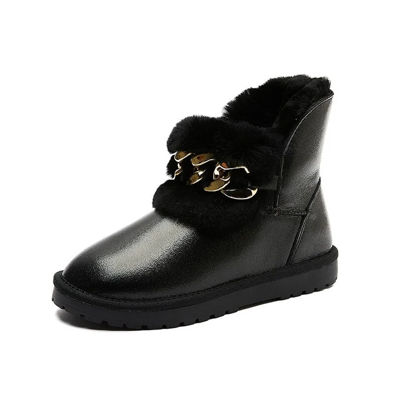 CXJYWMJL Genuine Leather Women Snow Boots Wool Fashion Chain Winter Ankle Boots Ladies British Style Booties Large Size Shoes 42