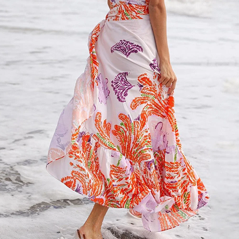 Leaves Print Swimsuit Beach Cover Up Tunics for Beach Long Kaftan Bikini Cover Up Robe De Plage Sarong Beach Swimsuit Cover-Ups