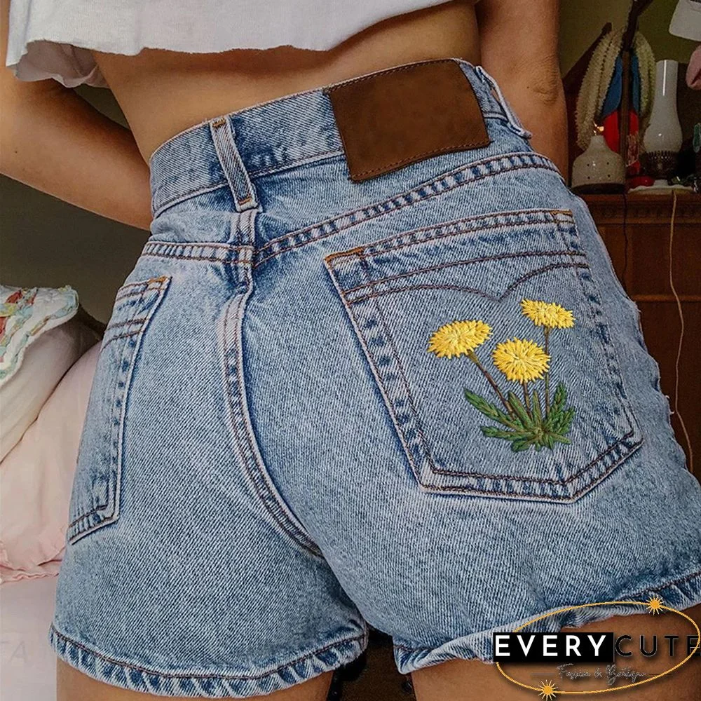 Casual Floral Embroidered Denim Shorts