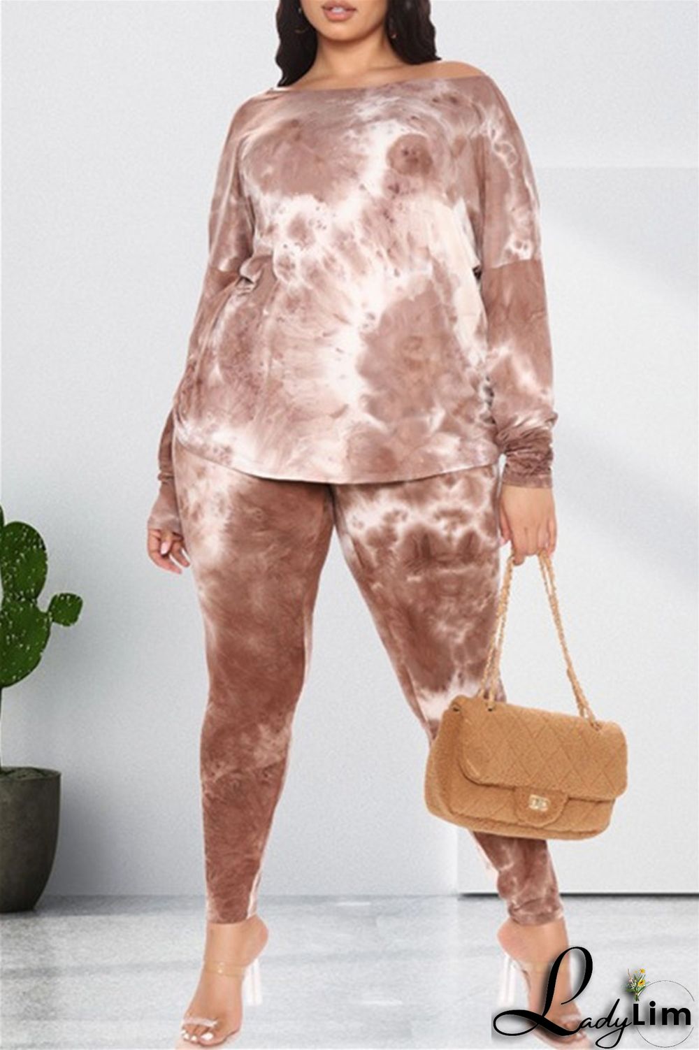 Light Coffee Fashion Casual Print Tie Dye Backless O Neck Long Sleeve Two Pieces