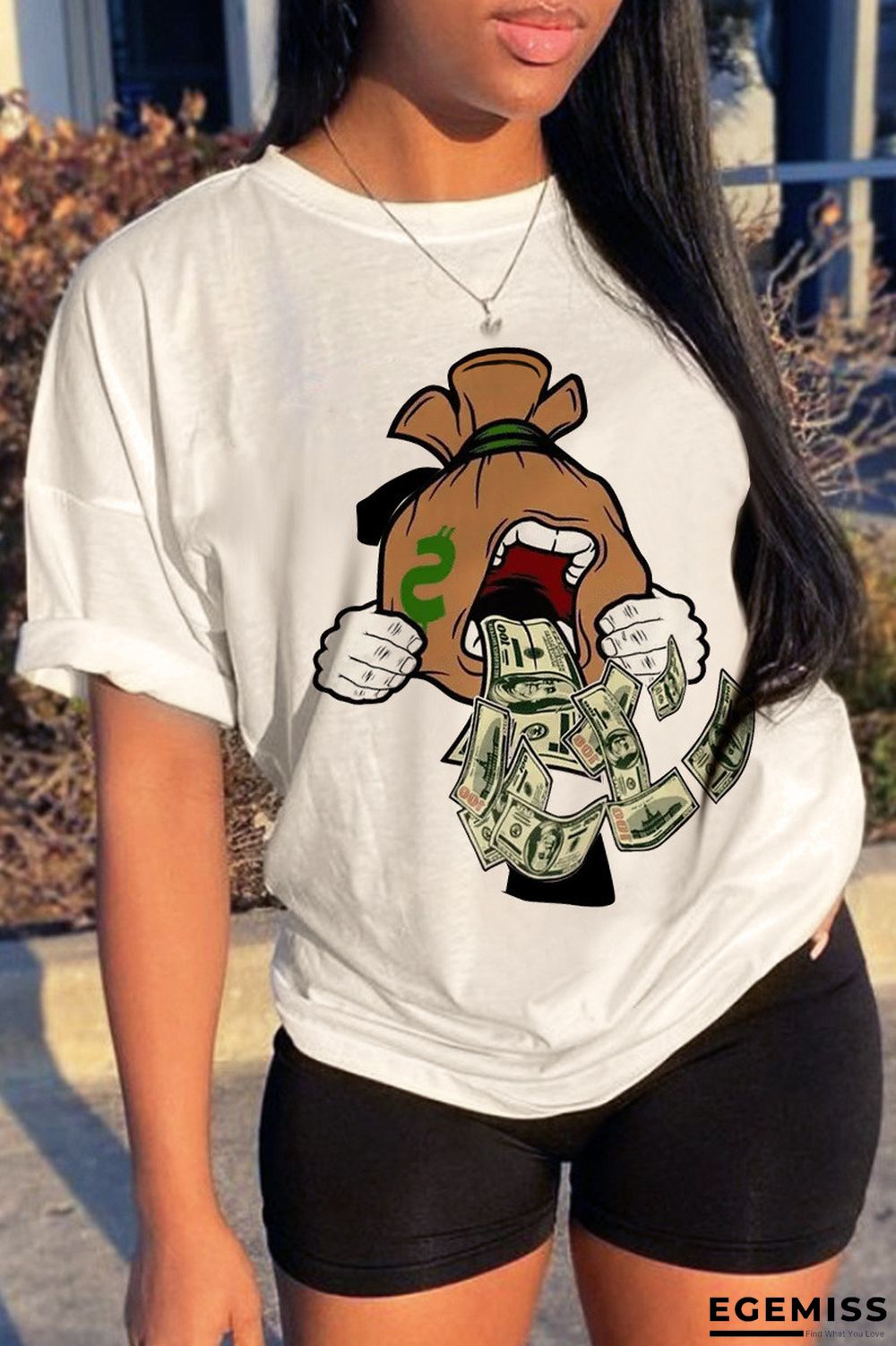 White Fashion Casual Print Basic O Neck Short Sleeve Two Pieces | EGEMISS