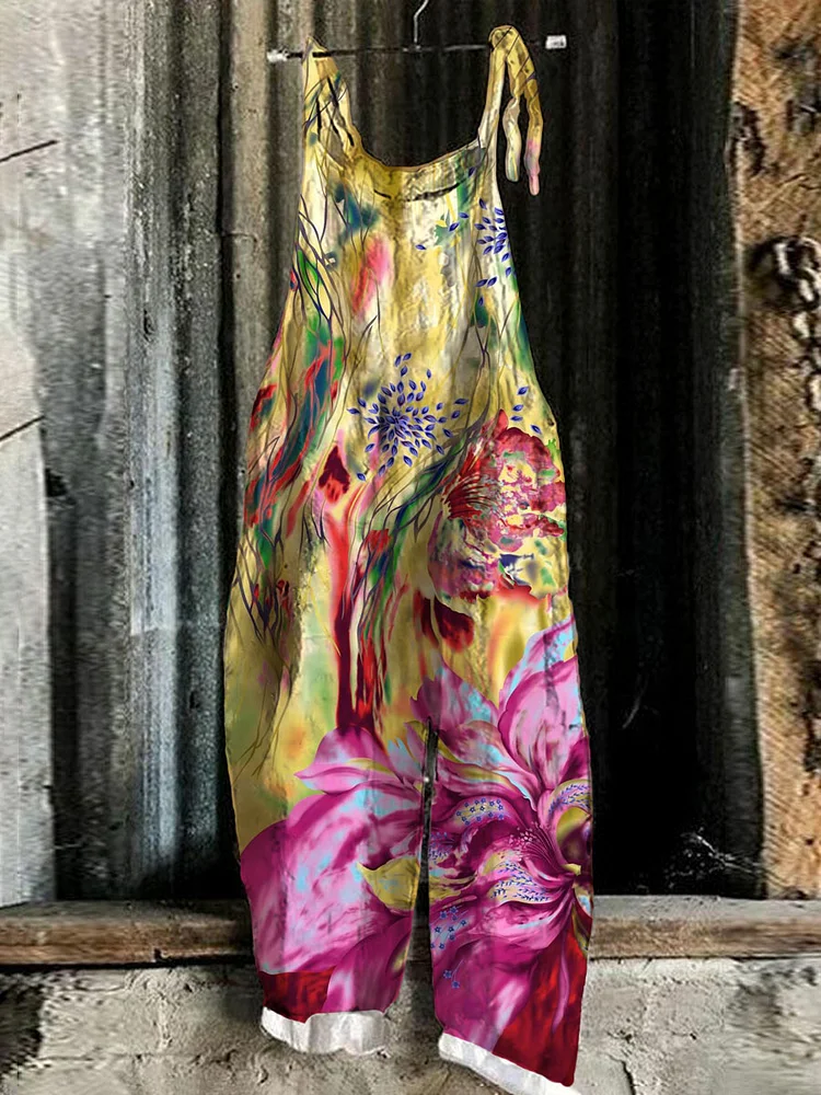 Summer Passion Flowers Art Linen Blend Loose Casual Jumpsuit