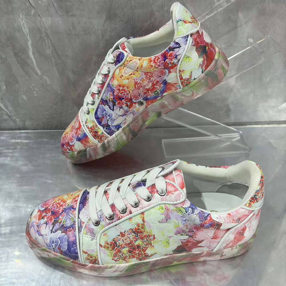 Gentleman's Red bottom Sneakers Flower Pattern Polyester Round Toe Sneakers-vocosishoes