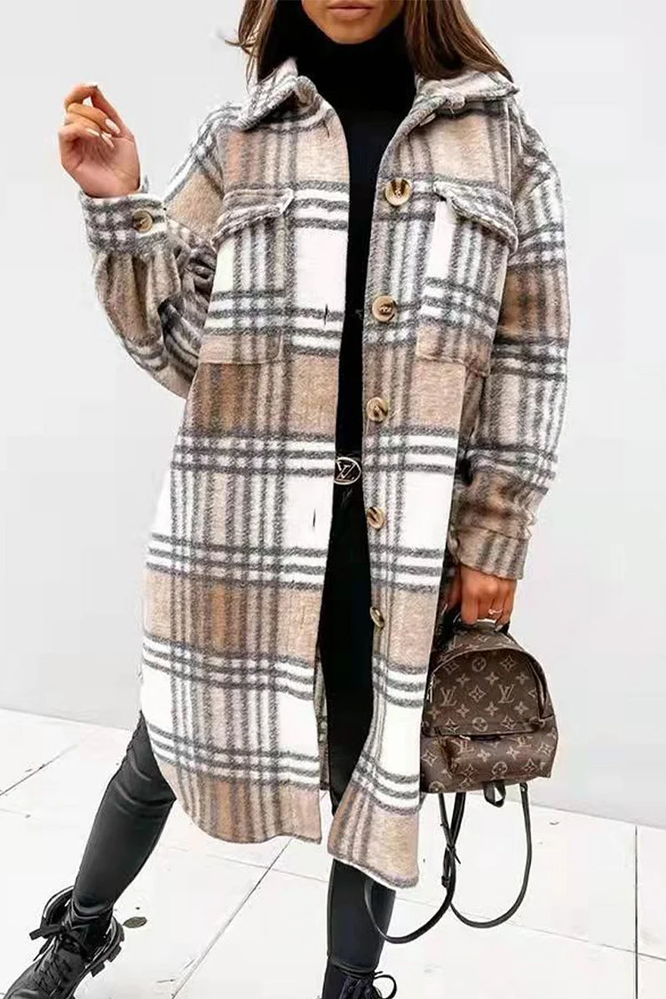 Vintage Elegant Plaid Buckle Turndown Collar Outerwear(7 Colors)
