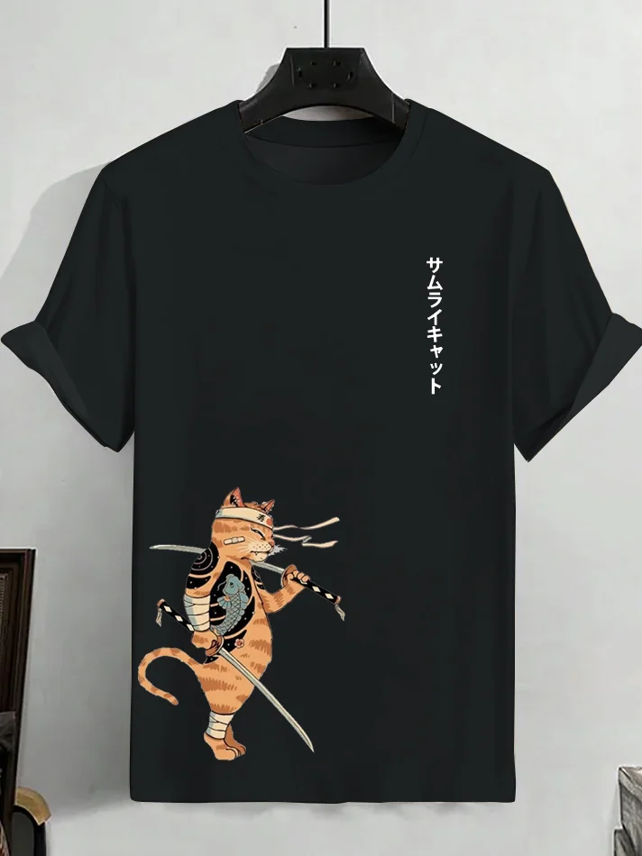 100% Cotton Men's Japanese Sushi Samurai Cat Print Cotton Casual T-Shirt