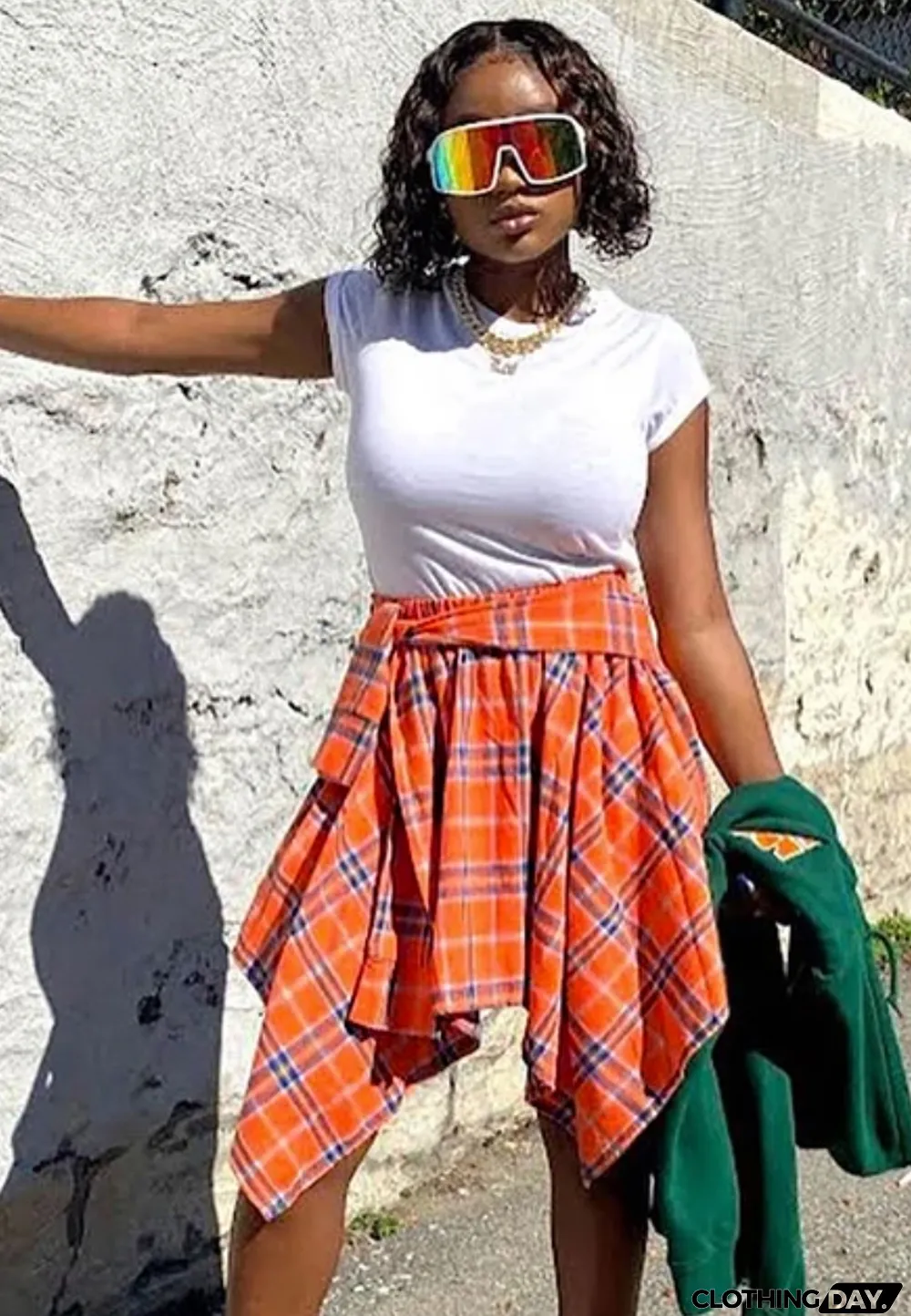 Women Summer Orange Preppy Style High Waist Plaid Print Belted Midi Asymmetrical Skirts