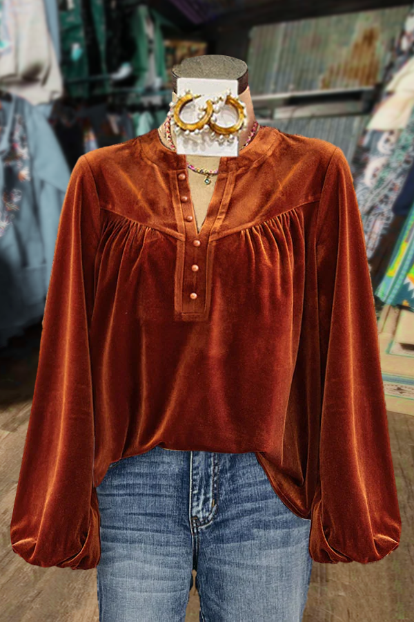 Casual Button Detailed Long Sleeve Velvet Top