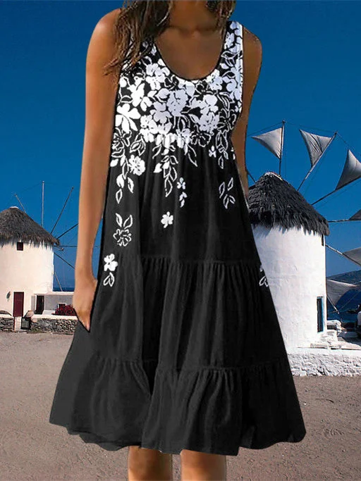 Women plus size clothing Women's Summer Sleeveless Scoop Neck Flower Print Casual Dress-Nordswear