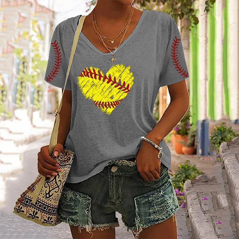 Women's Heart Baseball Print V-Neck T-Shirt