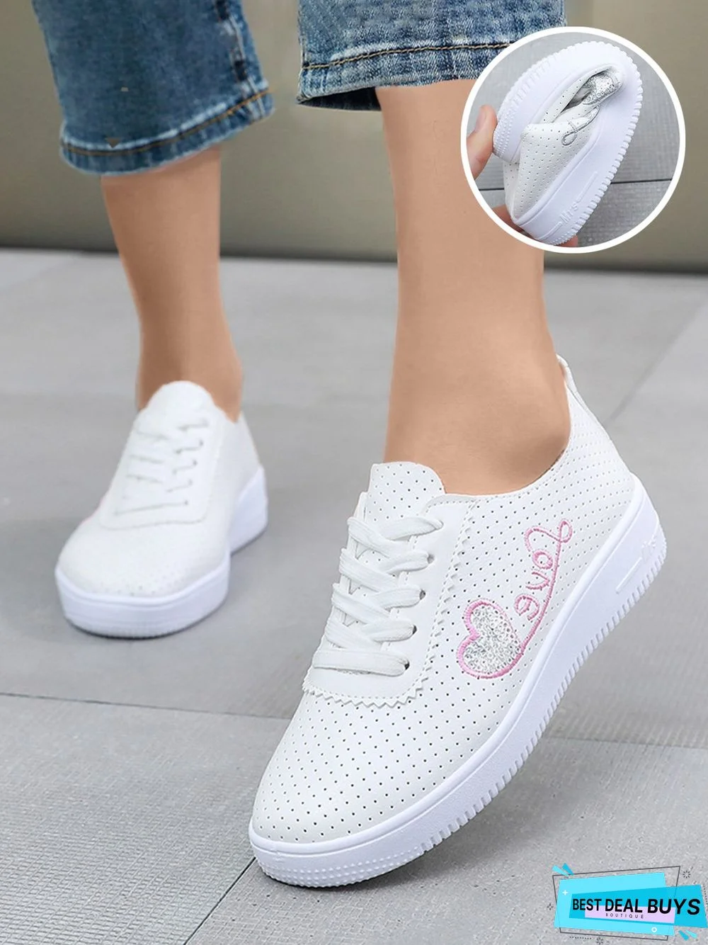 Love Embroidery Heart Pattern Breathable Soft Sole Skate Shoes