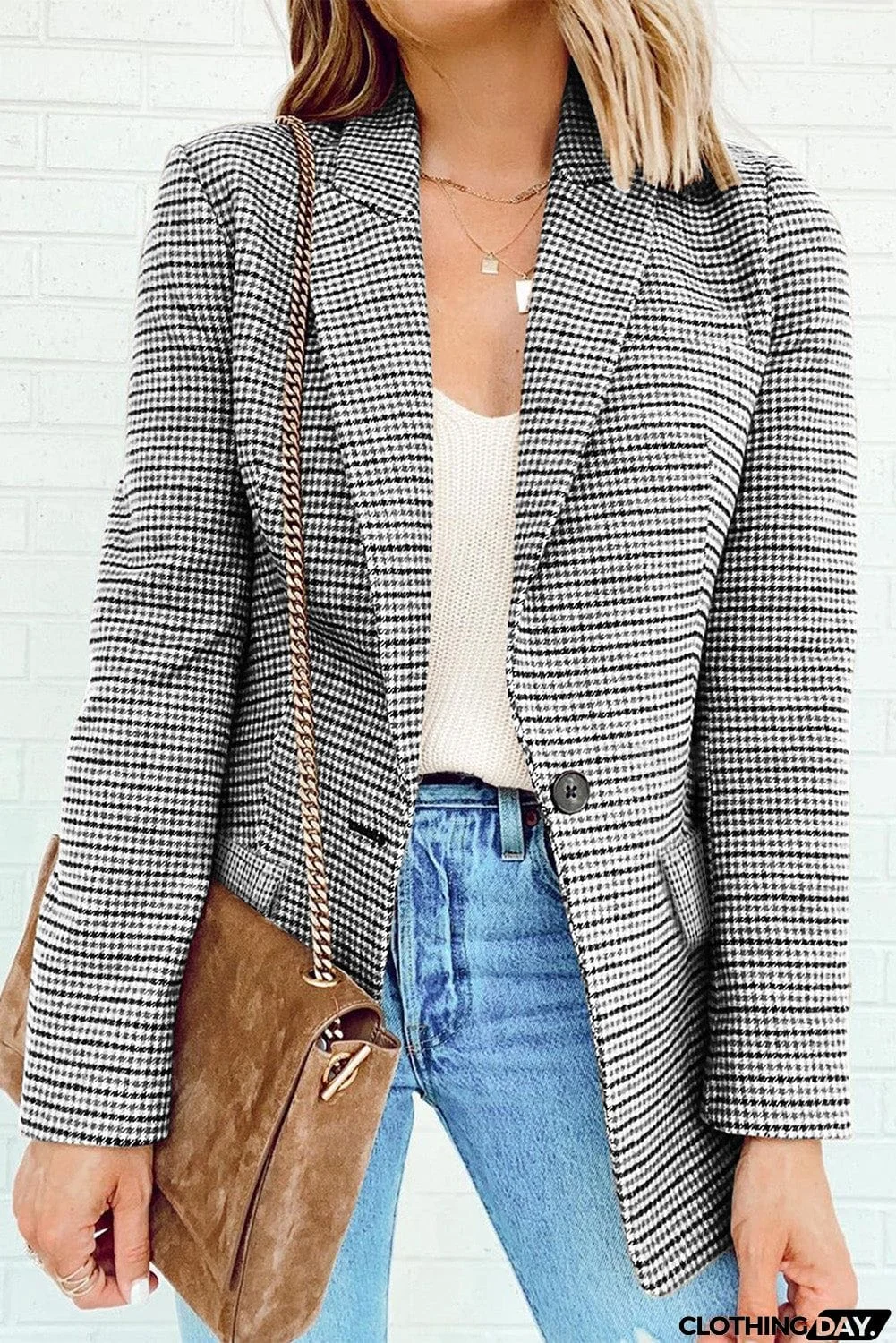 Plaid Print Lapel Collar Buttoned Blazer