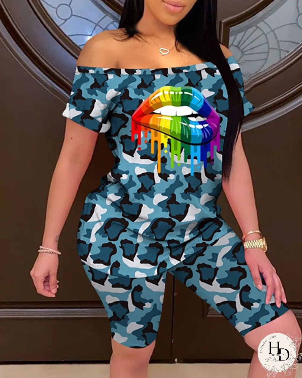 Camouflage Lip Print Off Shoulder Top & Short Set