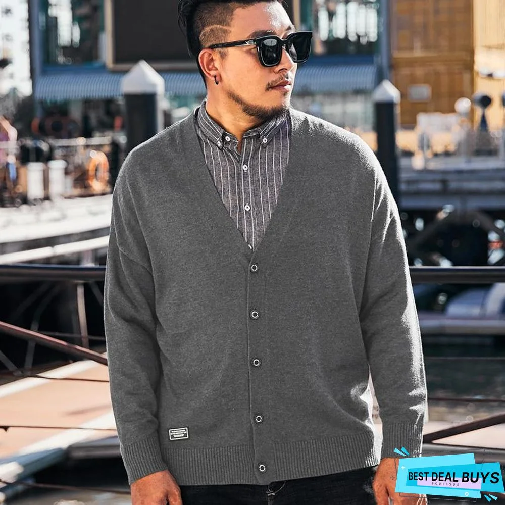 Mens V-Neck Sweater Casual Solid Color Sweater Plus Size Cardigan Tops
